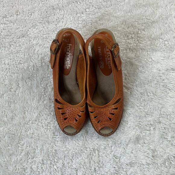 Vintage 70s Fanfares leather and suede peep toe wedge heels in Malt, size 6.5 - Picture 3 of 11